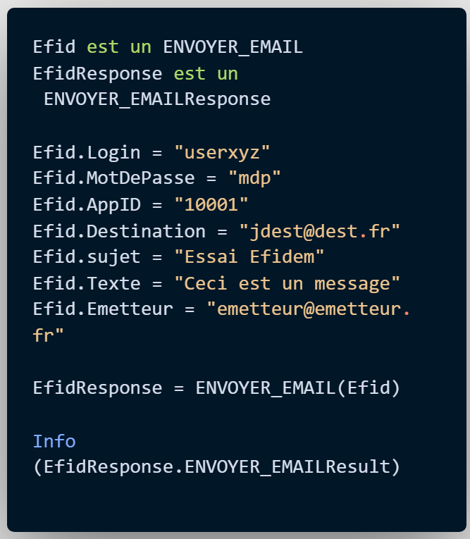 API Email efidem - exemple de code email automatique