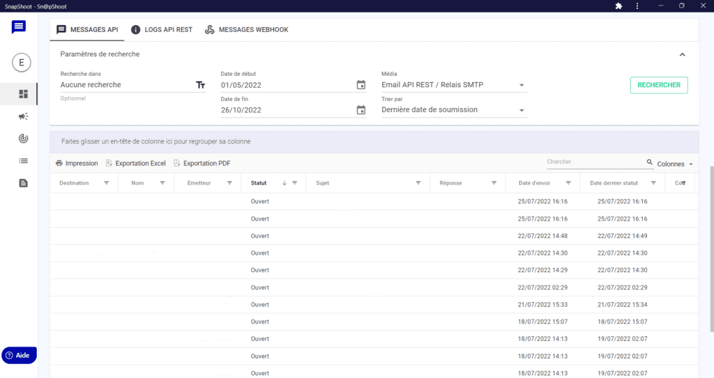 Console de suivi API email