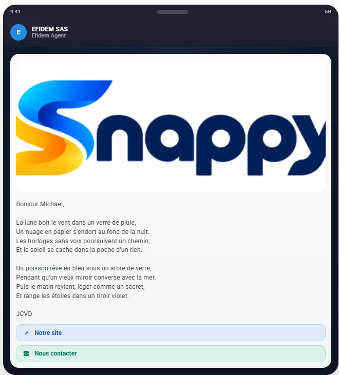 Modèle RCS dans Snappy : image, texte personnalisé et boutons d’action, tels que vos contacts les voient sur mobile