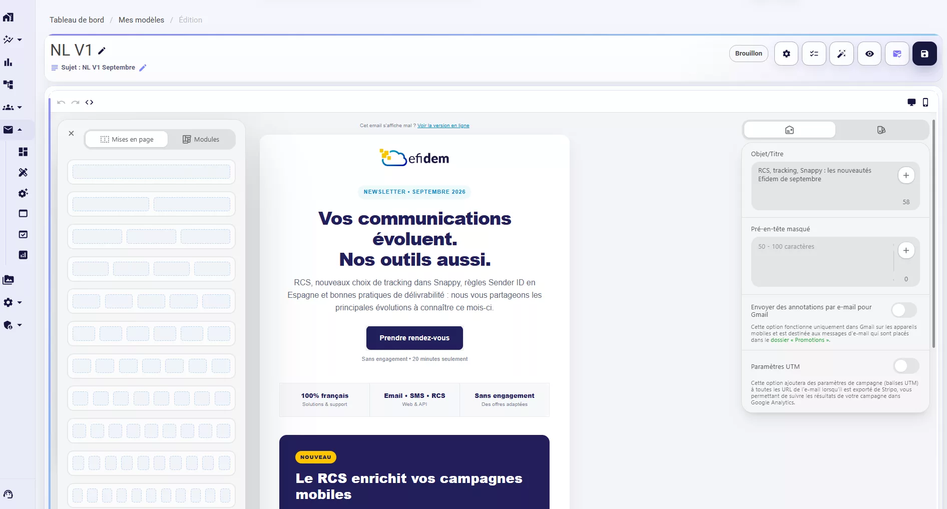 Éditeur de newsletter Snappy : mise en page par blocs, objet et pré-en-tête, aperçu mobile